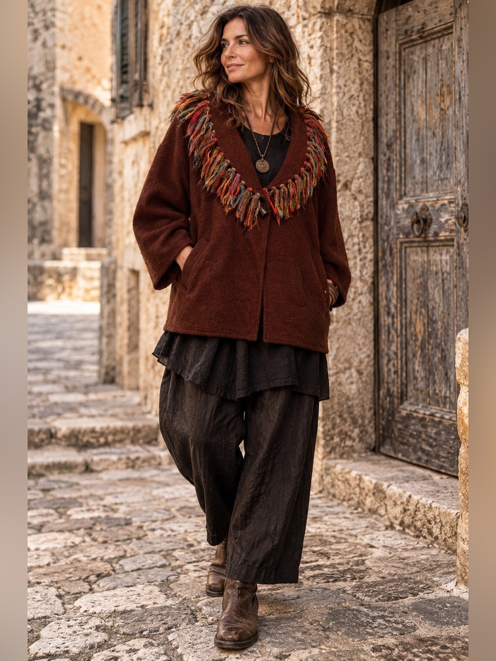 Lark Lane Brown 3X Wool Fringe Jacket Lagenlook Boho Artisan Art To Wear
